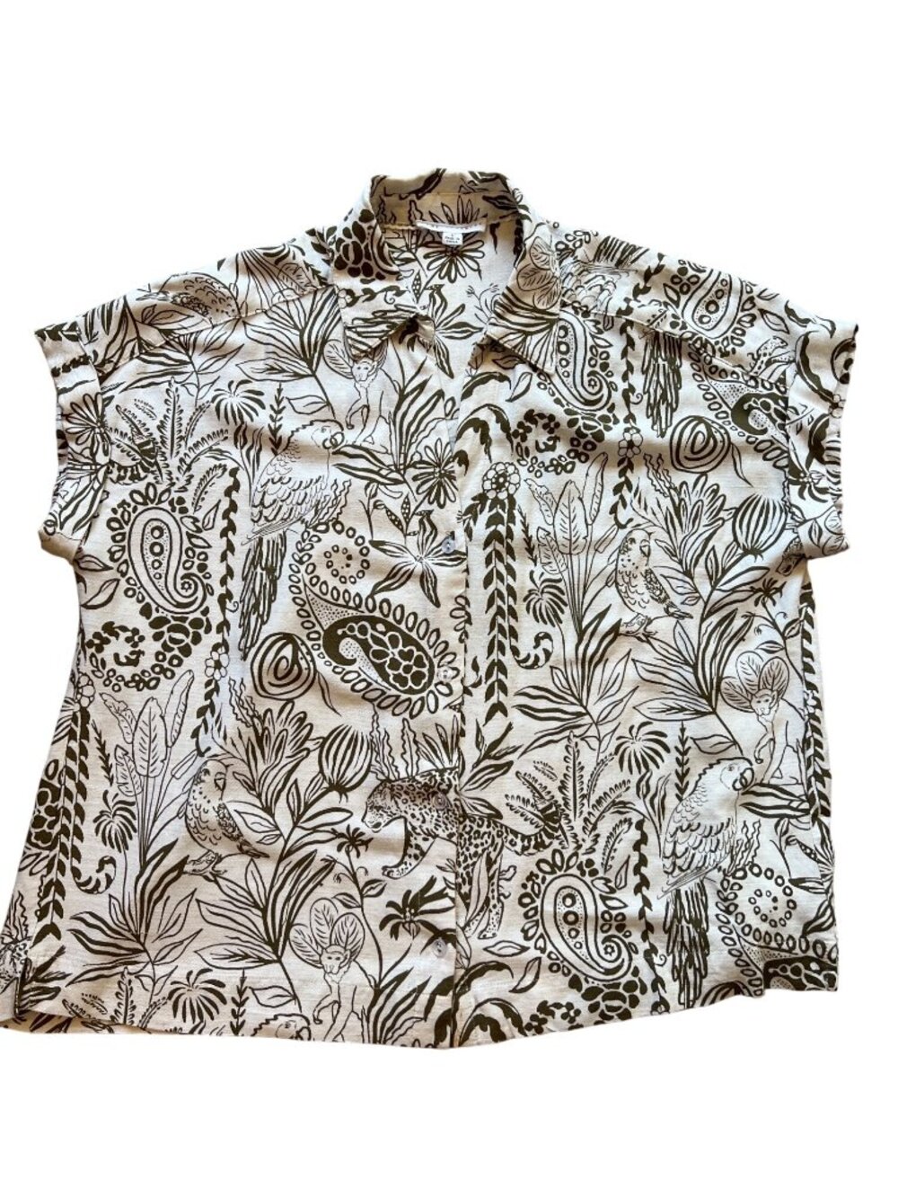 Jane Delancey khaki & cream tropical rayon linen blouse Women L